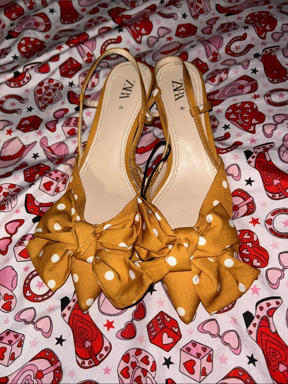 Zara Mustard Polka Dot Bow Slingback Mules
